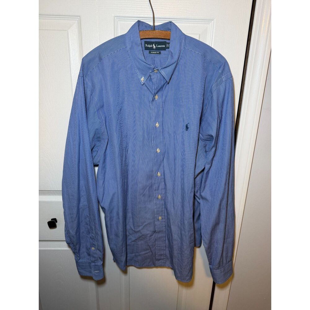 Ralph Lauren Classic Fit Blue White Stripe Button Down Shirt 17.5 36/37